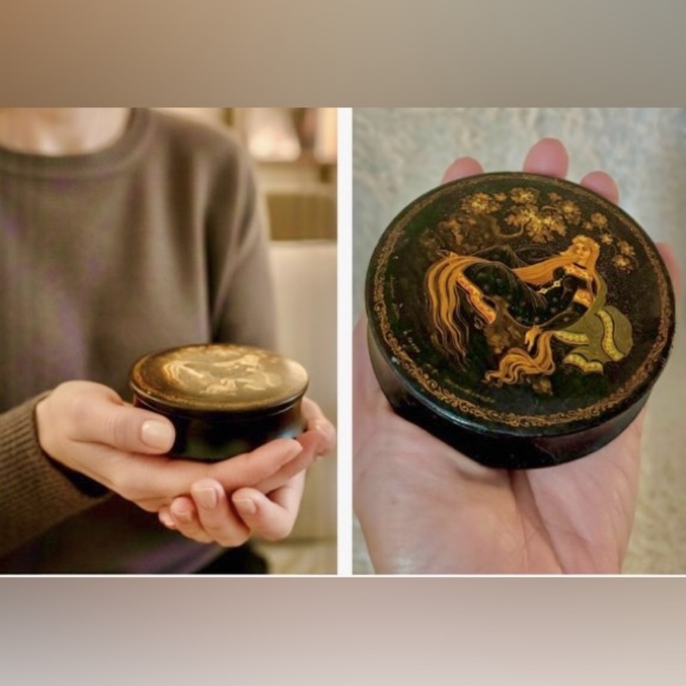 1970s Russian USSR Black Red Lacquer Wood Round Box Kholui Golden Hair Yuryev Sm